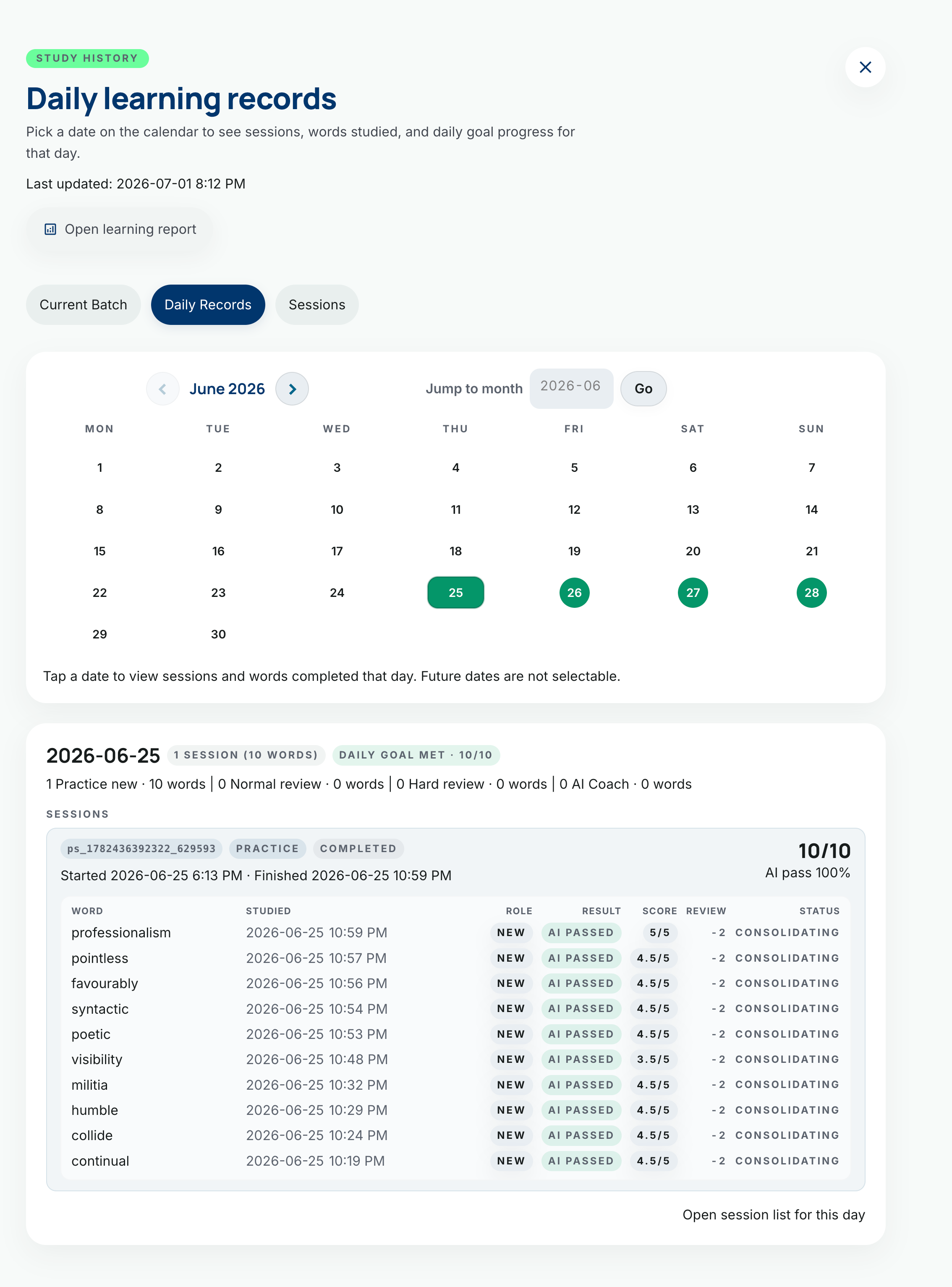 Daily learning records screen with calendar and session details