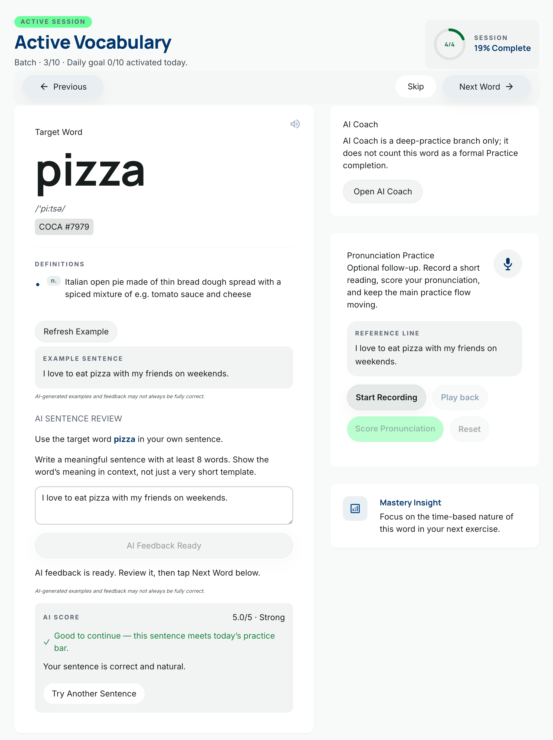 Active Vocabulary practice screen with AI feedback and pronunciation follow-up