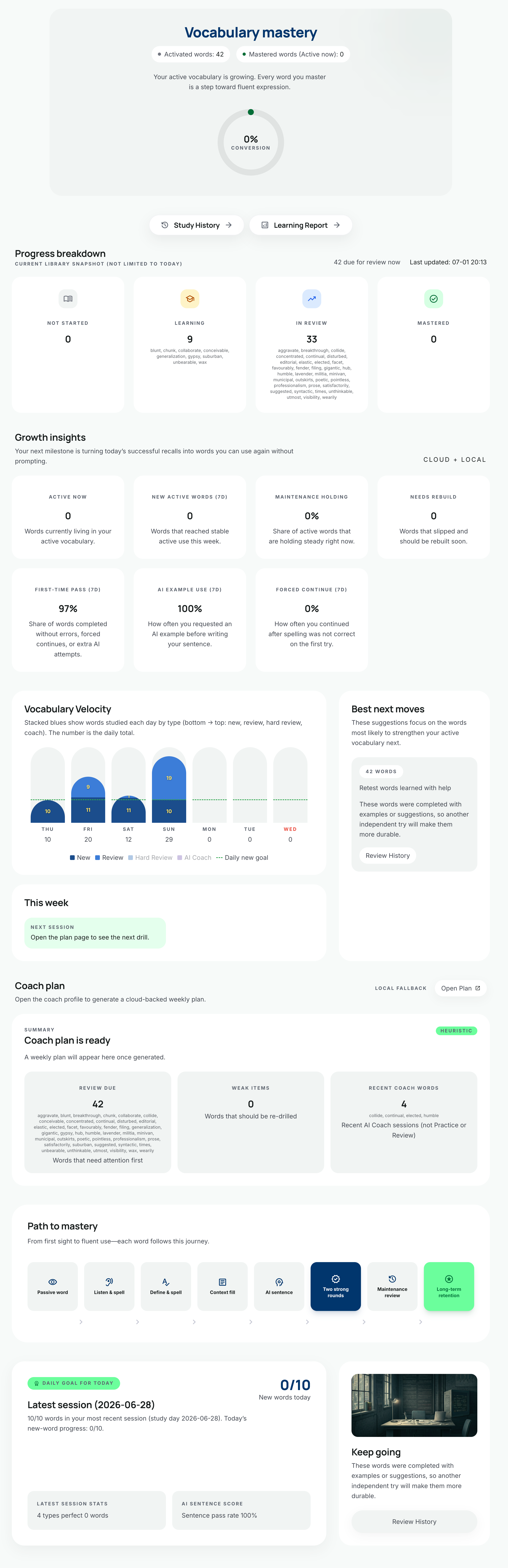Vocabulary mastery and velocity stats screen